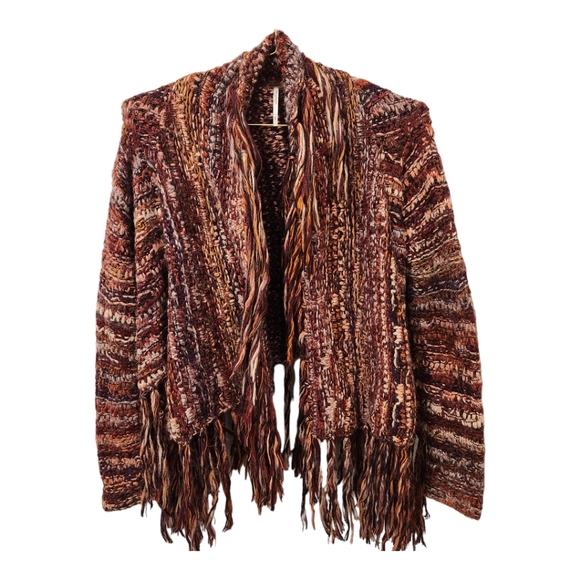 Free People Burgundy fringe open knit cardigan size small - Picture 4 of 6